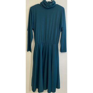 Vintage Impromptu Women Dress Teal Green Elastic Waist Fit Flare Turtleneck Jr